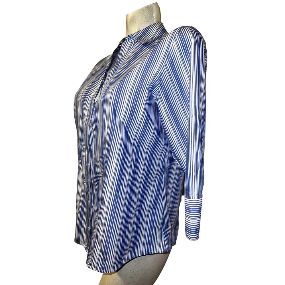 Chicos No Iron Striped Button Down Shirt Blue White Metallic Silver Women Size 1 - Picture 4 of 8